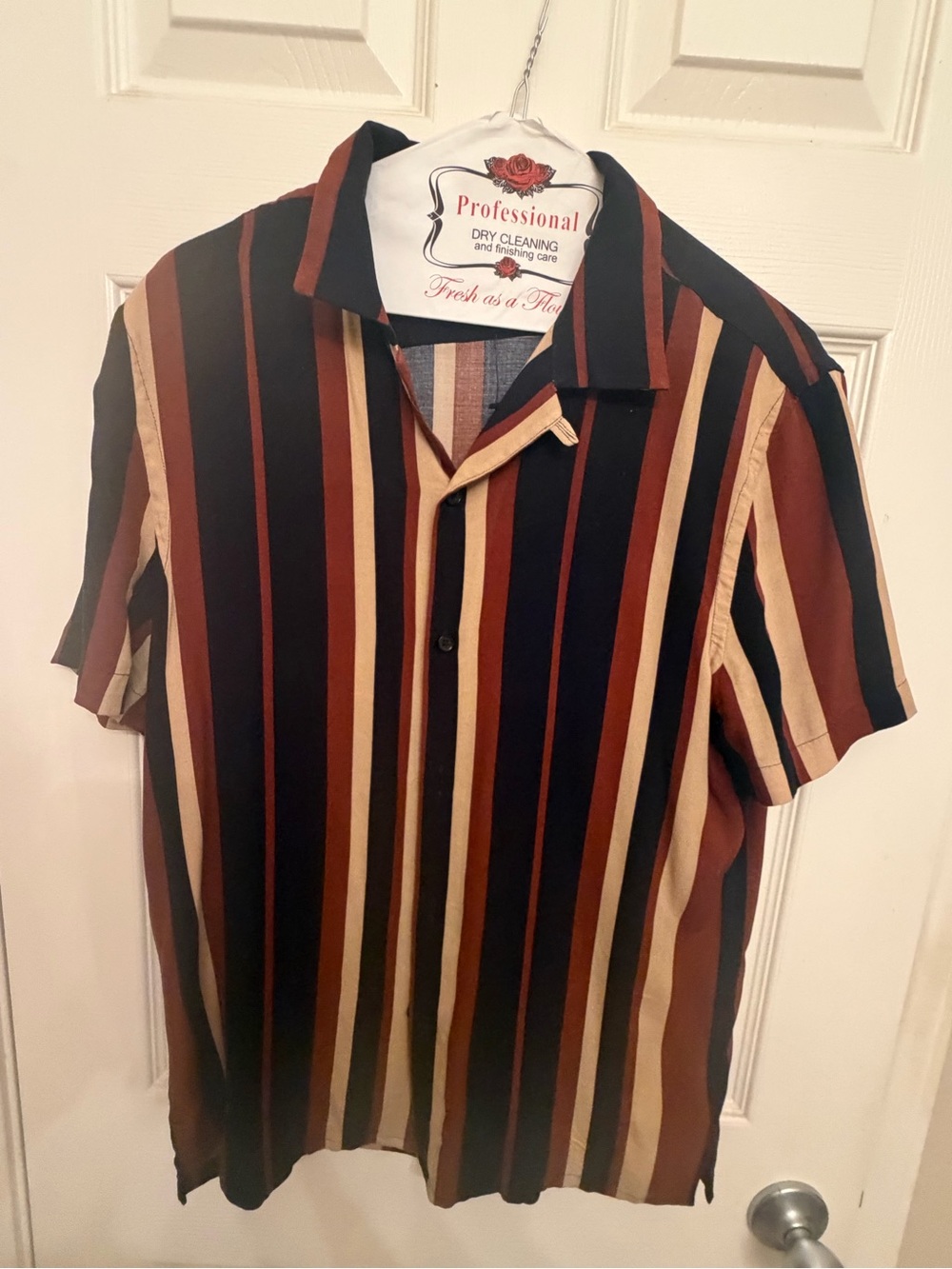 Men's Short-Sleeve Striped Rayon Button-Up Shirt - Black, Brown & Cream